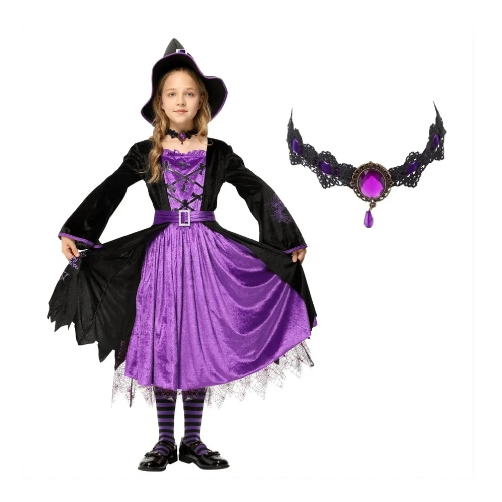 Witch Costume 5pc Halloween Set Small 5-7 Years Dress Belt Hat Choker Leggings